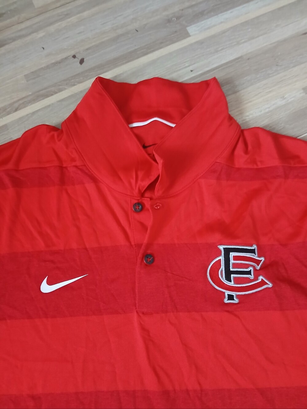 Nike Red Striped Polo with Embroidered Crest and Swoosh